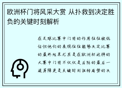 欧洲杯门将风采大赏 从扑救到决定胜负的关键时刻解析